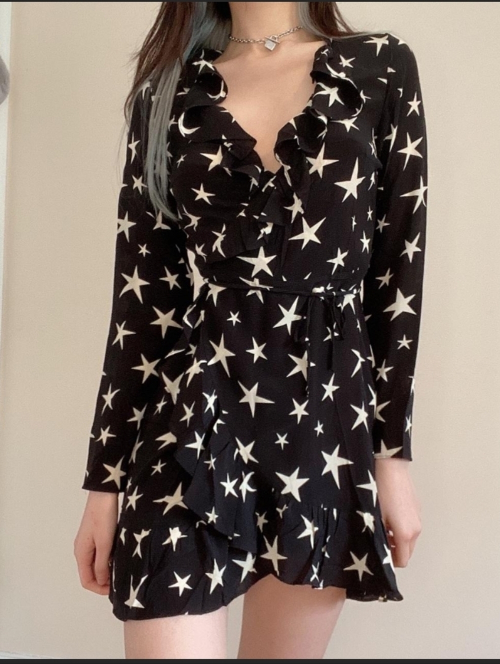 Realisation Par Black Star-Print Ruffle Wrap Dress